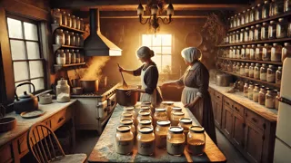 Avó e Emily mexendo o molho em uma panela de cobre na cozinha aconchegante de uma fazenda.