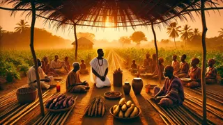 Los agricultores reflexionan juntos junto a la fogata de la noche, con Eshu sonriendo.