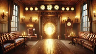 Intérieur du chaleureux hall de l’auberge, doté de horloges anciennes et d’une porte de portail lumineuse.