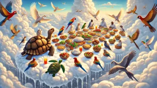 Birds and a tortoise enjoying a lavish feast on fluffy clouds against a bright sky