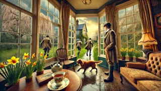 Three muddy hunters and a spaniel approaching an open window viewed from inside
