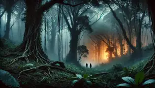 A misty forest at dusk with an orange glow hovering in the distance and Marcus and Elena watching tensely.