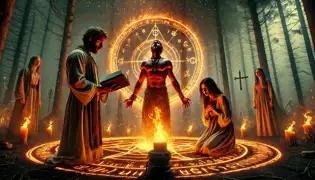 A ritual scene with Marcus chanting inside a glowing circle and the Soucouyant trapped within, her fire dimming.