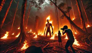 The Soucouyant, a fiery figure, confronts Marcus and Elena in a forest clearing lit with orange flames.