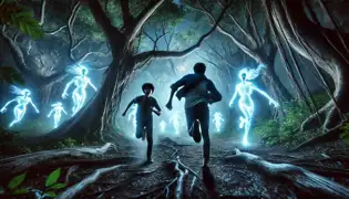 Two boys running through a haunted forest at night, pursued by glowing, ghostly spirits.