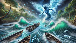 The Spirit Guardian unleashes waves on poachers' boats, with fish leaping freely and trees regrowing along the riverbank.