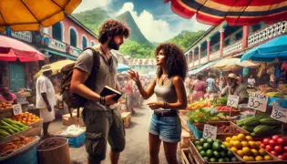 A bustling market in Soufrière with colorful stalls, villagers, tourists, Marcus, and Elena in conversation.