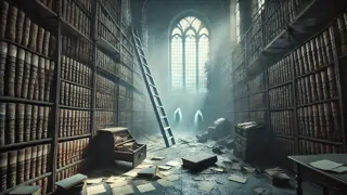 Old medical library in Blackwater Asylum covered in dust and fading labels.