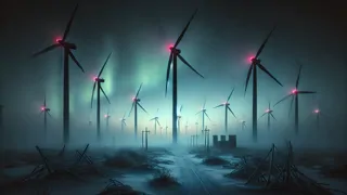 Wind turbines silhouetted against a twilight sky on an abandoned wind farm plateau