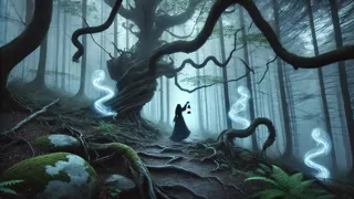 Elara avançant à travers une brume tourbillonnante au milieu d’arbres tordus, sa lanterne diffusant une lumière douce et vacillante.