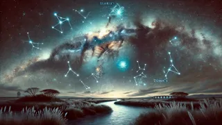 Starry sky showing a celestial river flanked by twin constellations