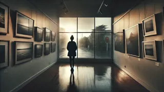 Interiores de una galería de arte con sombras reflejadas en una calle lluviosa