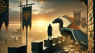 Un écuyer chevalier se tenant à côté d’un majestueux dragon sur d’anciens remparts au lever du soleil.