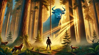 Paul Bunyan de pie, alto, entre árboles gigantes al amanecer