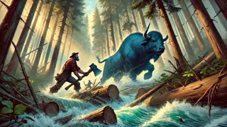 Paul Bunyan forjando ríos con su hacha y Babe, el Buey Azul, pisando el suelo con fuerza