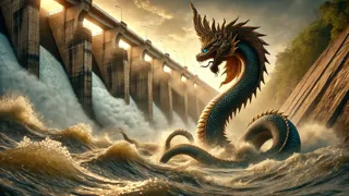 Naga serpent rising to confront concrete dam walls as water churns violently