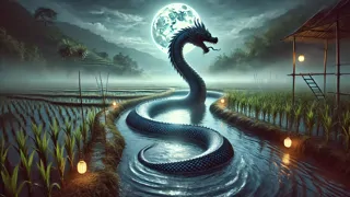 Emerging Naga serpent glimmering in the river under moonlight with outlines of rice fields