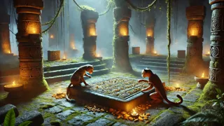 Junal and Ixal solve sacred stone puzzles by torchlight in a moss-covered courtyard
