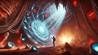 L'intrus s'approche pour toucher un appareil extraterrestre qui pulse d'énergie à l'intérieur d'une caverne.