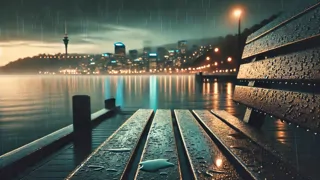 Banco de madera junto a la ribera de Wellington bajo la lluvia en la noche
