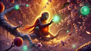 The Monkey King reaching for a glowing celestial peach among silver branches