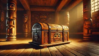 Eine geschnitzte Buchenholzkiste, die auf einer Holzbodenplatte ruht, mit einem schwachen Licht, das aus den Fugen austritt.