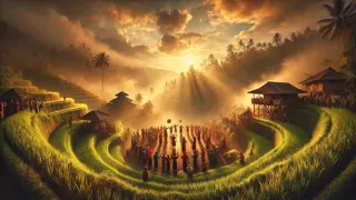 villagers celebrating in newly refreshed fields under softened sunlight