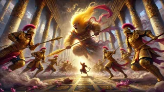 Celestial guards clashing with the Monkey King in the Jade Emperor's palace