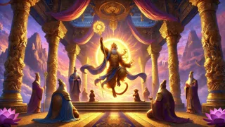 The Monkey King standing triumphant before the Jade Emperor and other gods after his cosmic battle