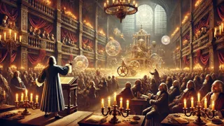 Faustus présentant des merveilles à une cour royale : automates, lévitation et Helen de Troie conjurée.