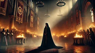 Königin Kriemhild befiehlt ein Massaker am Hofe Etzels, Flammen lodern und gepanzerte Ritter geraten in Chaos.