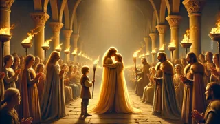 Rhiannon, Pwyll y el joven Pryderi se reunieron en el salón iluminado por antorchas de Dyfed.