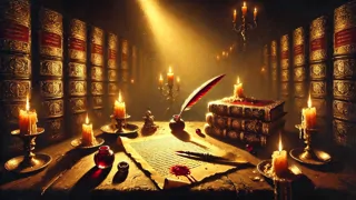 Faustus et Méphistophélès dans une chambre éclairée à la bougie, signant un pacte avec du sang.