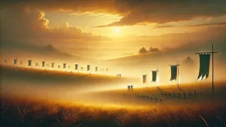 Nachwirkungen von Mag Tuired, mit den Tuatha Dé Danann, die unter der aufgehenden Sonne Verwundete versorgen.