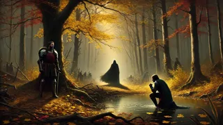 Hagen im Schatten, der einen Speer in Siegfrieds Rücken an einer Waldquelle stößt, während Herbstblätter fallen.