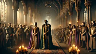 Branwen and Matholwch at their royal wedding in a candlelit Welsh hall, surrounded by nobles.