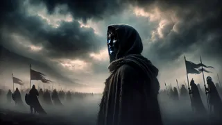 A fierce battle between Welsh and Irish warriors under stormy skies; Branwen watches in despair.