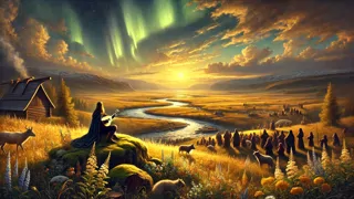 Goldene Felder blühen und Flüsse wimmeln vor Leben, während Väinämöinen unter dem Nordlicht auf seiner Kantele spielt.