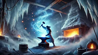 Ilmarinen, der Schmied, schmiedet den magischen Sampo zwischen blauen und weißen Flammen in Louhis eisiger Schmiede.