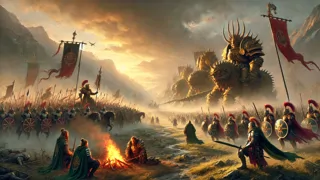 Die Armeen der Tuatha Dé Danann und der Fomorianer versammeln sich auf der Ebene von Mag Tuired, die Banner erhoben.