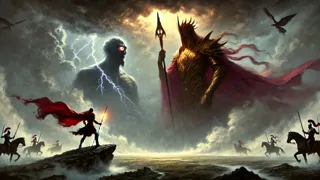 Lugh, der Balor während des Höhepunkts der Zweiten Schlacht von Mag Tuired gegenübersteht.