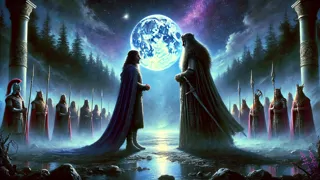 Pwyll y Arawn intercambian juramentos en el místico reino crepuscular de Annwn.