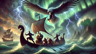 Väinämöinen und seine Gefährten fliehen in einem magischen Boot, während Louhi, verwandelt in einen riesigen Adler, von oben angreift.