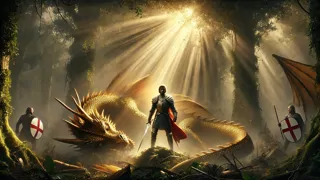 Siegfried, der den Drachen in einem nebelverhangenen, uralten Wald erschlägt, während Sonnenstrahlen durch das Dunkel brechen.