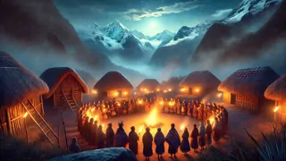 Villagers gather by firelight as distant winds carry the goddess’s lament
