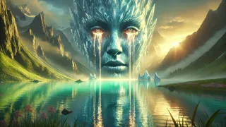 Tears streaming from glacier goddess into a turquoise Andean lake