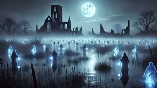 A spectral procession of ghostly figures gliding across moonlit marshes