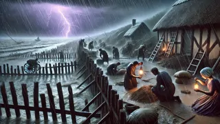 Villagers shoring up dikes amid a fierce coastal storm at night