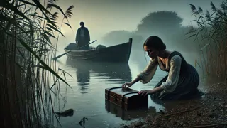 Margot and her father examining an ancient casket of waterlogged scrolls at dawn