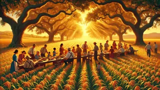 Goldene Felder umgeben lange Tische, an denen Nachbarn feiern; Über ihnen ziehen die Erntestörche vorbei, und Kinder spielen.